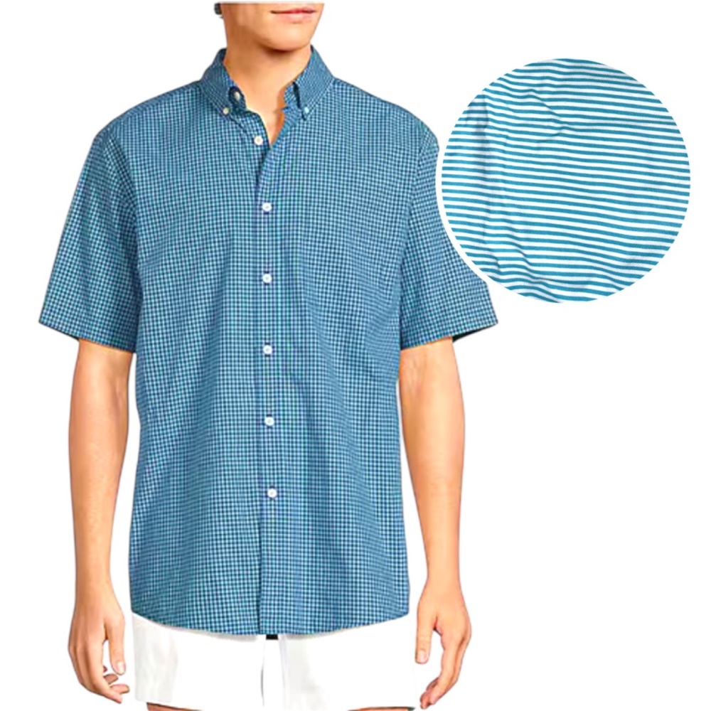 MMXIV Men Shirt short Sleeve teal striped white Casual Button Up size X-large